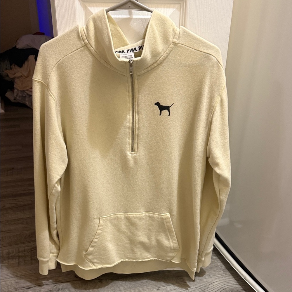 Victoria's Secret Pink Pullover Women’s Ivory 1/4 Zip Long Sleeves Dog Logo M